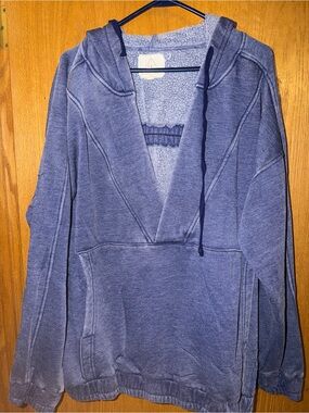 JK Designs Slate Blue Deep V-Neck Sherpa Hoodie